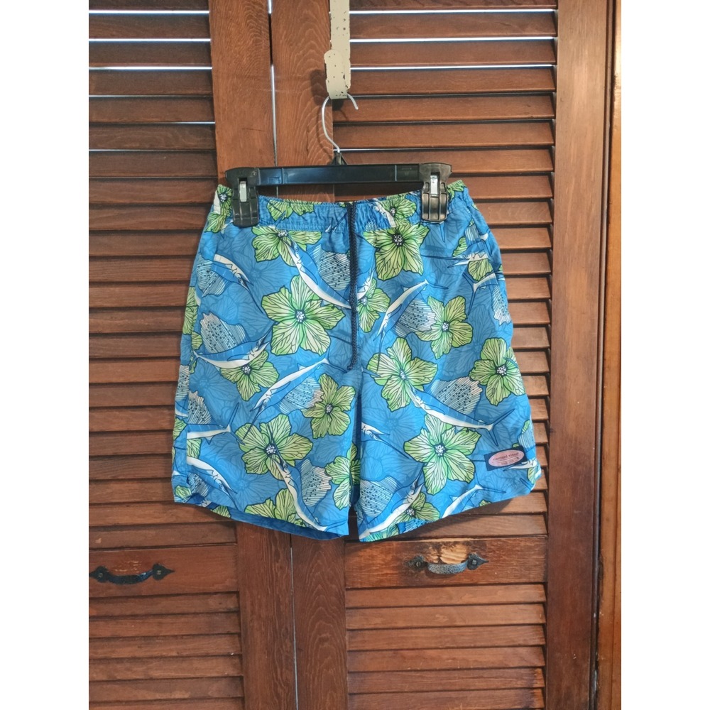 Vineyard Vines Men Small Floral Swim Trunks Shorts  Pockets Blue Green Tropical